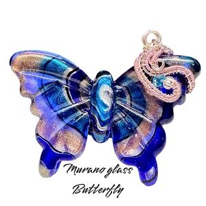 🦋Blue and Gold Murano Glass Butterfly Pendant